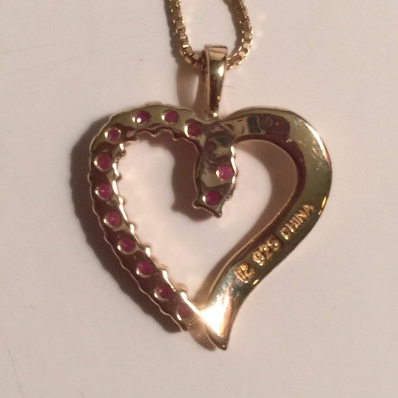 Ruby Heart Gold Plated Necklace 17” Box Chain - Picture 7 of 8